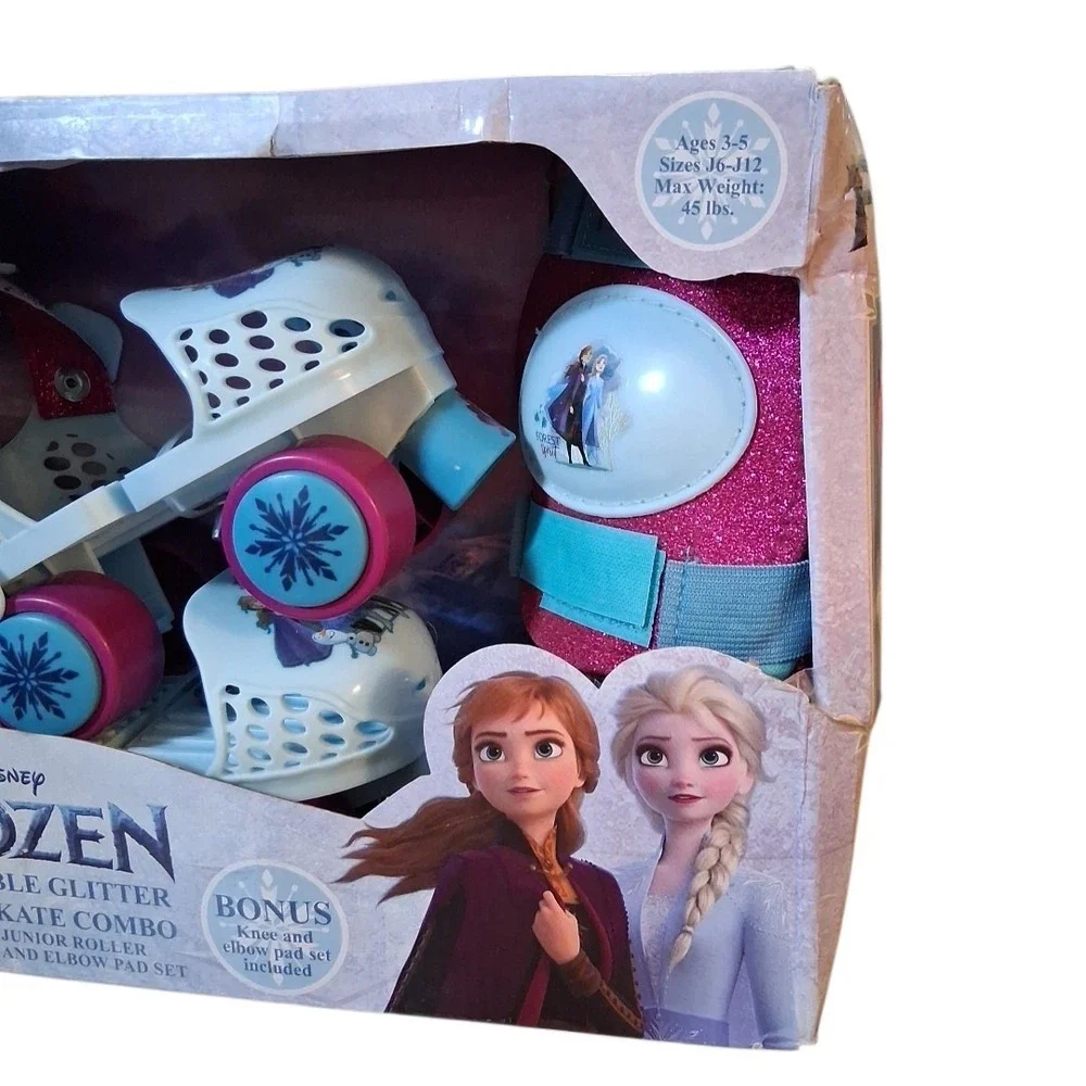 Disney Frozen Junior Roller Skates Bonus Knee Elbow Pads Sz J6-J12  Ages 3+ READ